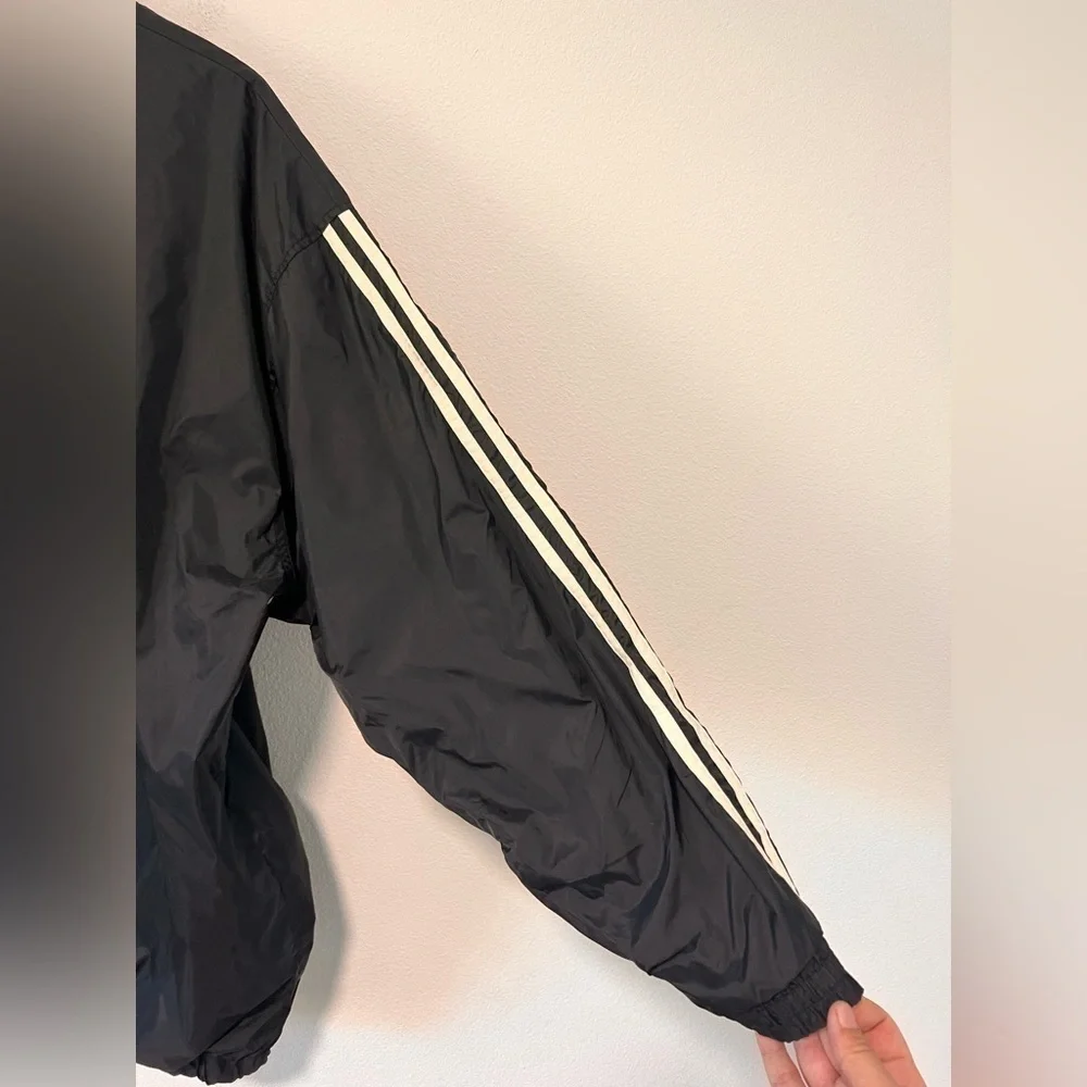 Adidas Black White Three Striped Button Zipper Front Water Resistant Jacket L